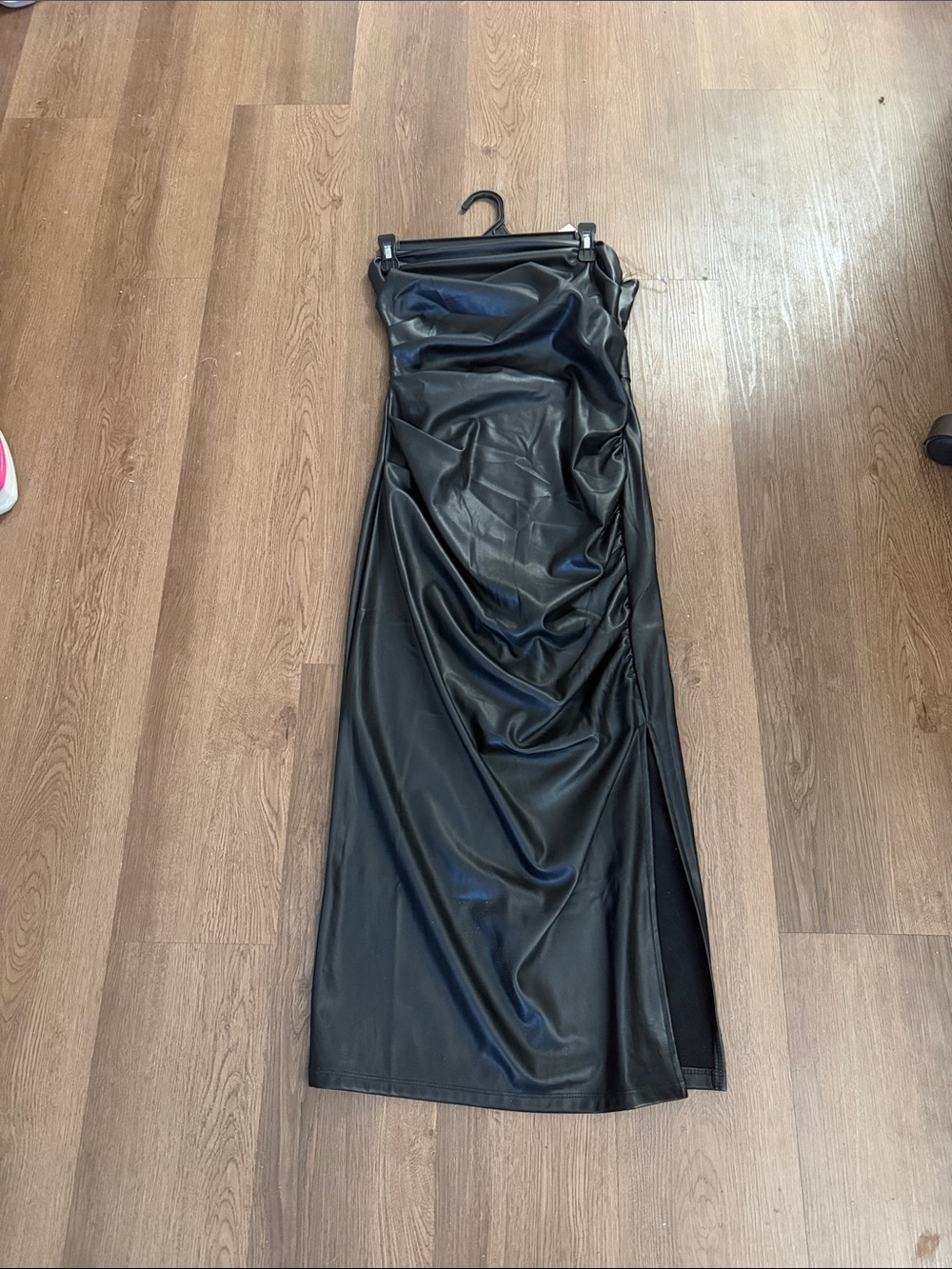 Marshalls Black Faux Leather Ruched Midi Dress With Side Slit